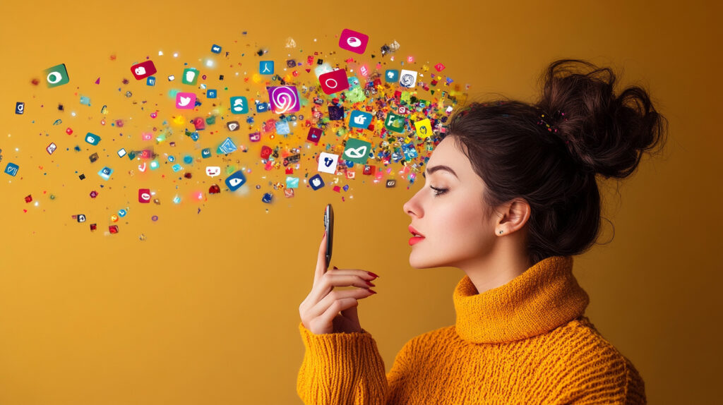 woman is holding phone with word social media it